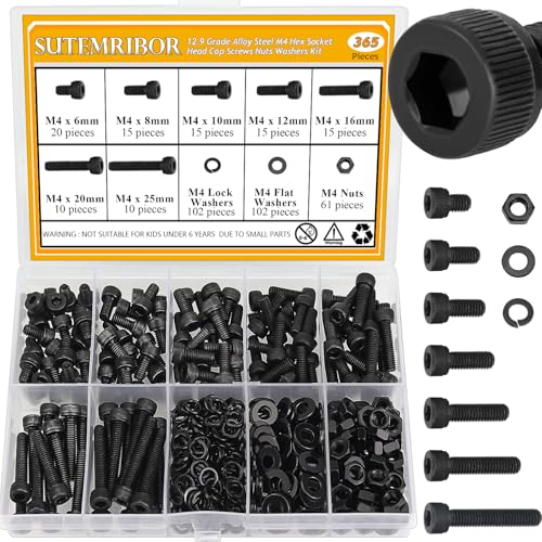 365 Pieces M4 Screws Nuts Washers Set Black, Sutemribor M4 x 6/8/10/12/16/20/25mm Hex Socket Head Cap Screws Nuts Washers Assortment Kit, 12.9 Grade Alloy Steel, Fully Threaded - size: M4 x 6/8/10/12/16/20/25mm Kit, style: Socket Head