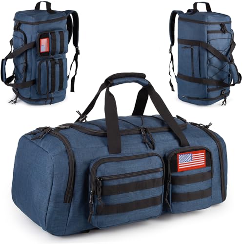 Tactical Gym Bag for Men，50L Large 3 in 1 Sports Duffle Bag with Shoes Compartment for Travel,Water Resistant Travel Backpack Weekender Overnight Bag with Wet Pocket for Women - color: Blue, size: Medium
