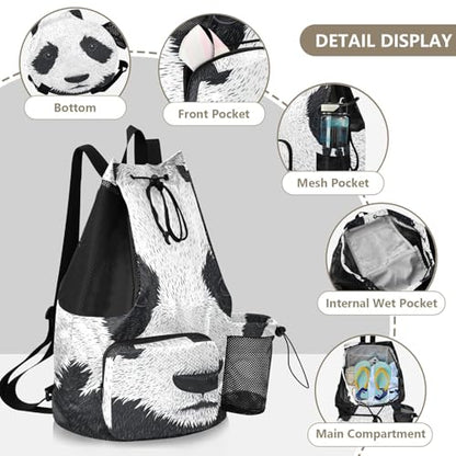 Animal Panda Print Black White Drawstring Bags Climbing Gym Bag With Water Bottle Holder Waterproof