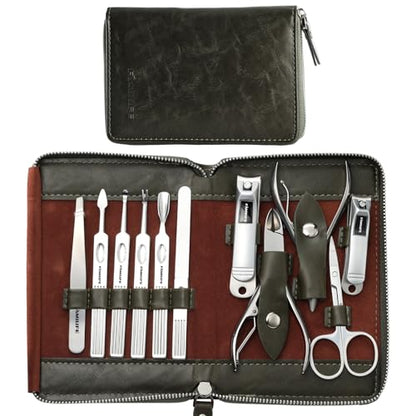 FAMILIFE Manicure Set, Professional Manicure Kit Nail Clippers Set 11 in 1 Stainless Steel Nail Pedicure Tools Kit Grooming Tool with Portable Green Leather Travel Case Luxury Gifts for Women and Men - color: Dark Green