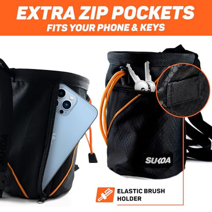 Chalk Bag for Rock Climbing - Rock Climbing Gifts Gear Accessories - Quick-Clip Belt, Large Zippered Pockets & Brush Holder - Weight Lifting, Gym, Bouldering, Disc Golf, Wall, Rock Climbing Chalk Bag - color: Sukoa Orange