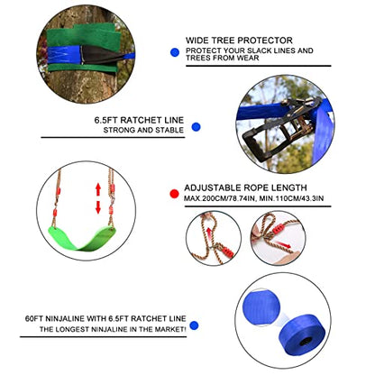 Ninja Obstacle Course for Kids Backyard - 10 Durable Obstacles and 60' Slackline - Outdoor Warrior Obstacle Playset Equipment with Gymnastic Ring, Rope Ladder, Ninja Wheel, Climbing Rope Swing