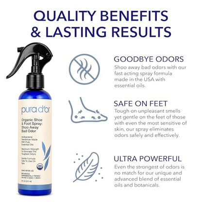 PURA D'OR Organic Shoe & Foot Odor Eliminator Spray (8oz) Deodorizes & Removes Bad Smells with Eucalyptus, Peppermint, Tea Tree, Lemongrass Essential Oil, Maximum Strength (Packaging may vary)