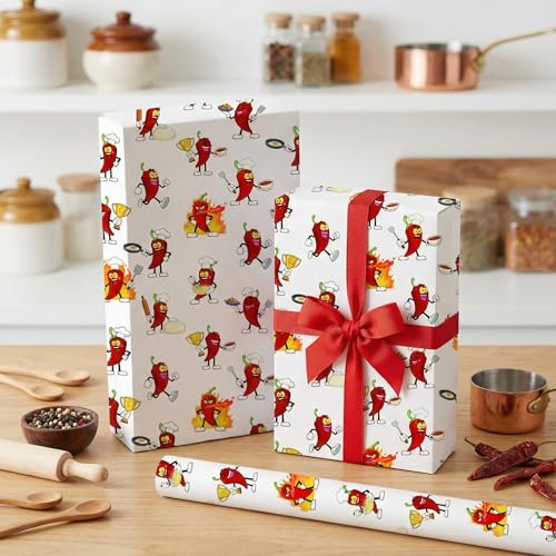 Liobelon Chili Cook Off Wrapping Paper Roll – 17" x 16.5 Ft Funny Chili Pepper Gift Wrap with Cartoon Chili Characters Cooking, Angry & Frying Egg for Taco Party, Western Theme, Birthday, Fiesta Party - color: Chili Cook Off
