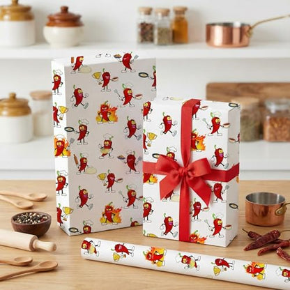 Liobelon Chili Cook Off Wrapping Paper Roll – 17" x 16.5 Ft Funny Chili Pepper Gift Wrap with Cartoon Chili Characters Cooking, Angry & Frying Egg for Taco Party, Western Theme, Birthday, Fiesta Party - color: Chili Cook Off
