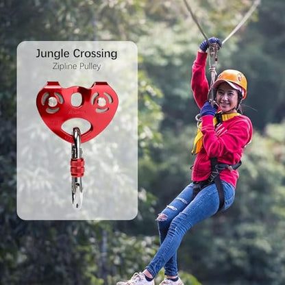 Pulley Zipline Trolley Kit with 25kN Carabiner Double Tandem Dual Pulley Speed Dual Trolley, Red with Carabiner - color: zipline-red