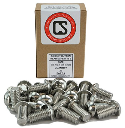 Chenango Supply 3/8-16 x 3/4" Stainless Socket Button Head Cap Screws | 18-8, Coarse Thread, Full Thread, Hex Drive, Corrosion-Resistant - size: 3/8-16 X 3/4