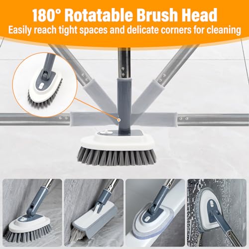4 in 1 Tile Shower Cleaner Brush, Long Handled Scrub Brush for Shower with Adjustable Long Handle Floor Scrub Brush for Cleaning Bathroom/Shower/Tub/Tile/Kitchen/Glass/Wall