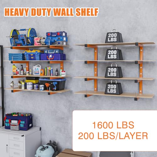 4-Pack Lumber Storage Rack, Wood Storage Racks Wall Mount, Heavy Duty Garage Wood Organizer With 8-Level System, Orange Utility Rack Organization Up 1600 Lbs, Metal Lumber Shelf for Indoor & Outdoor - style: E– 4 Pack, 8-Tier