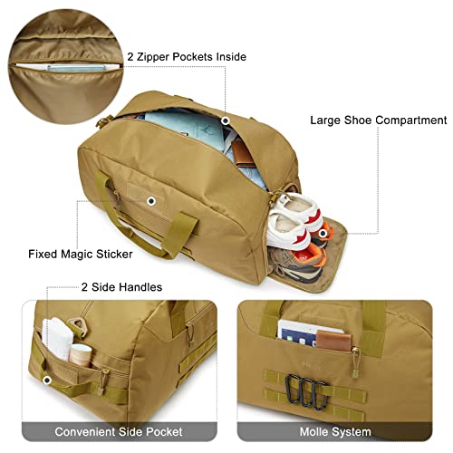 G4Free 70L Large Tactical Duffle Bag Men Sports Gym Backpack | with Shoes Compartment Military MOLLE Duffel Backpack, Brown - color: Brown