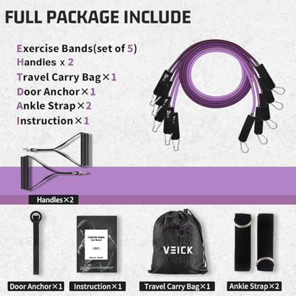 VEICK Resistance Bands with Handles, Ankle Straps, Door Anchor | Accredited Lab Certified, 100% Natural Latex, Cushioned Handles, Versatile for Yoga, Pilates, Strength, Home Gym - color: Purple 150LBS