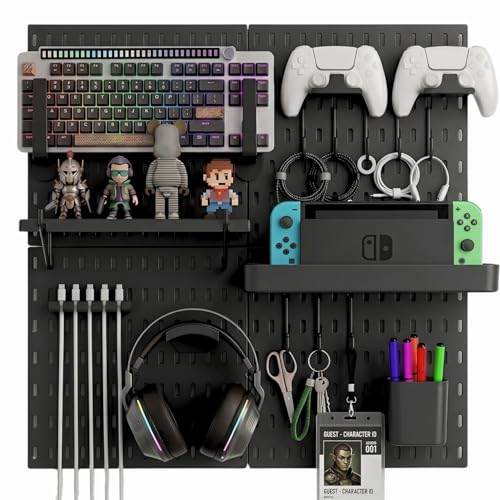 Keepo Peg Board Wall Organizer for Gaming Setup, Pegboard with Adhesives & Screw Mounts, Includes Peg Board Accessories for Gaming Accessories, Tech Storage & Office Organization (Black, 22″×22″) - color: Black, size: 22″×22″