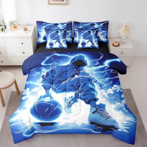 Boys Basketball Full Bed in a Bag for Kids Teens, Cool Basketball Player Printed 7 Piece Comforter Set, Basketball Sports Theme Sheet Set with Comforter, Blue Thunder Lightning Bedding Sets - color: Black Blue, size: Full
