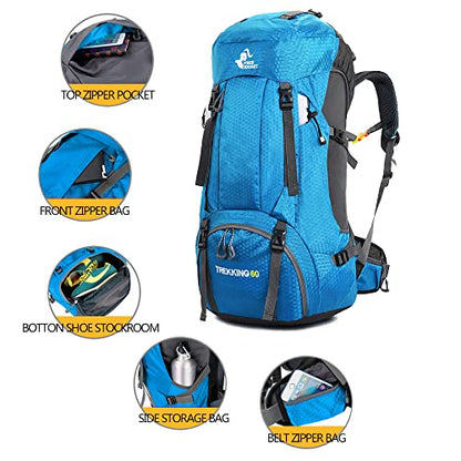 Bseash 60L Waterproof Hiking Camping Backpack with Rain Cover, Large Outdoor Sport Travel Daypack Rucksack for Climbing - color: Light Blue