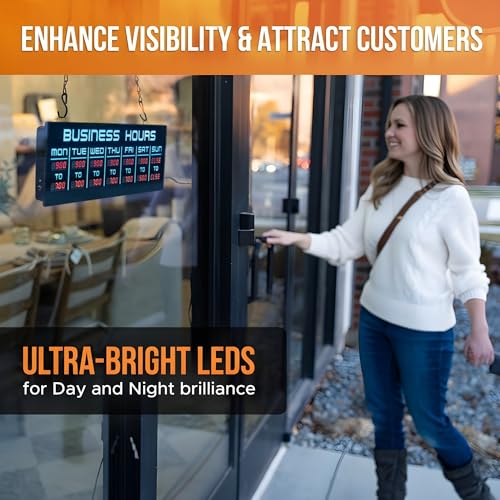 Digital Business Hours Sign by ELEMENT LUX - Electronic Programmable Hours of Operation Signs for Business with Ultra Bright LEDs for Glass Door - Remote and Hanging Kit - 16in x 5.5in, Blue - color: Blue and Red