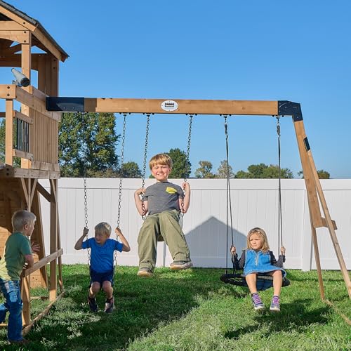 Backyard Discovery Dover Bay Spruce Wood Swing Set with Wave Slide, Clubhouse, Monkey Bars, Rock Wall, Belt Swings, Step Ladder, Toy Telescope, Chalkboard, Outdoor Playset - color: Grey Slide, style: Spruce