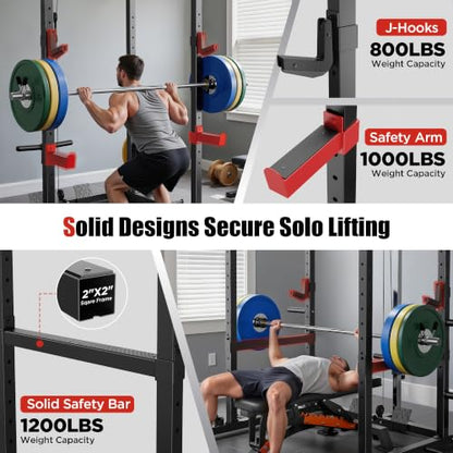 SPORTSROYALS Power Rack, Multi-Functional Power Cage, Squat Rack with Pulley System & LAT Pull Down, Workout Cage with J Hooks for Home Gym - color: Red, style: Power Cage Only
