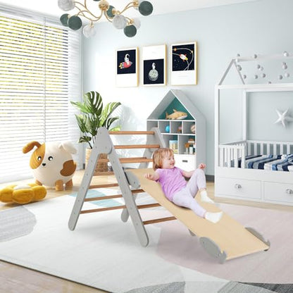 COSTWAY Climbing Triangle with Slide, Indoor Climbing Frame from 1 Year, Rung Triangle Climbing Ramp Made of Wood, for Climbing & Sliding (Grey)