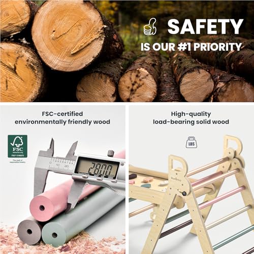 BlueWood Pikler Triangle Set, Foldable Wooden Toddler Climbing Toys Indoor Playground Jungle Gym Montessori Philosophy Climber for 2-6 Years Old, Baby, Kids (Mauve Pink, with Cushion) - color: Mauve Pink