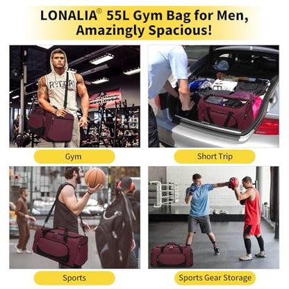 55L Large Sports Duffle Gym Bag for Men, Maroon | Heavy Duty, Multi Pockets, Roomy, 22 inch - color: Maroon