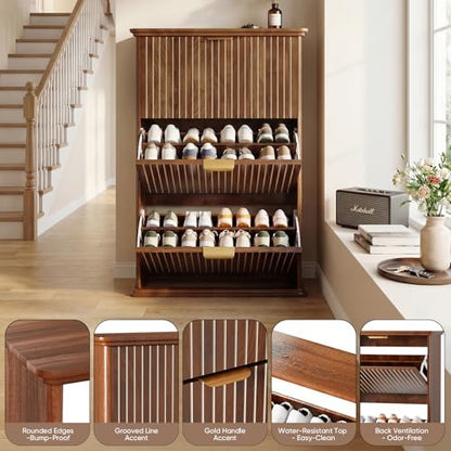 Walnut Hidden Shoe Storage Cabinet,Narrow Shoe Rack Cabinet with 3 Flip Drawers,Freestanding Shoe Organizer for Entryway