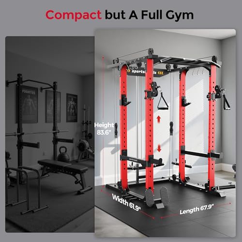 SPORTSROYALS Power Rack, Multi-Functional Power Cage, Squat Rack with Pulley System & LAT Pull Down, Workout Cage with J Hooks for Home Gym - color: Ruby Red, style: Power Cage Only