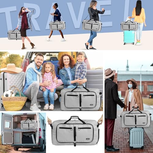 Fmeida 65L Duffle Bag with Shoes Compartment, Foldable Travel Duffel Bags for Men Women, Large Packable Travel Bag Water Repellent & Tear Resistant (Light Gray) - color: Glossy Light Gray
