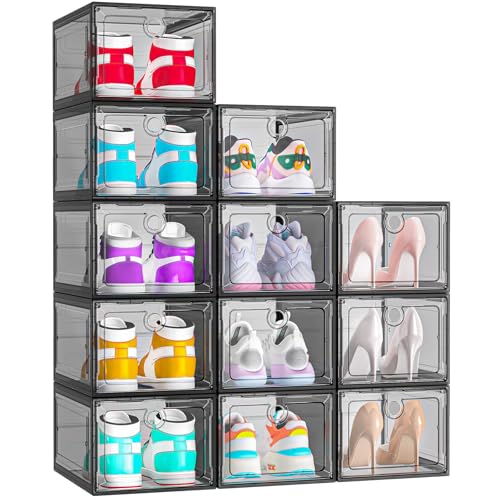 ARSTPEOE 12-Pack Shoe Storage Boxes Clear Magnetic Stackable | Upgraded Harder Material, Stackable Space-saving, Fits Sneakers & Boots, Clear Magnetic Front Door - color: Black, size: Upgrade 12 Pack