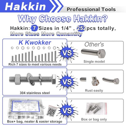 252Pcs 1/4-20 Hex Bolts and Nuts Kit, Stainless Steel Nuts and Bolts Assortment Kit, Fully Threaded Hex Bolt 1/4-20 x 1/2”, 3/4”, 1”, 1-1/2”, 2”, 2-1/2”, 3” Screws Nuts Flat Lock Washer Kit Hakkin - size: Set 12: 1/4-20