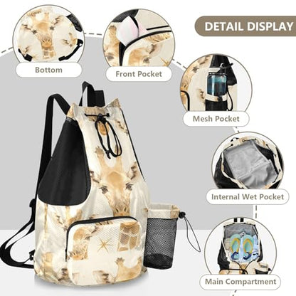 GuoChe Drawstring Backpacks Gym Swim Bag With Inside Pockets Pull String Bag Waterproof Cute Giraffe Faces - color: Cute Giraffe Faces