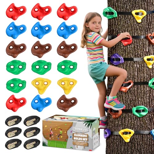 SEKKVY 18PCS Ninja Tree Climbing Holds and 6 Sturdy Ratchet Straps for Kids Tree Climbing, Large Climbing Rocks for Outdoor Ninja Warrior Obstacle Course Training - style: 18 Holds