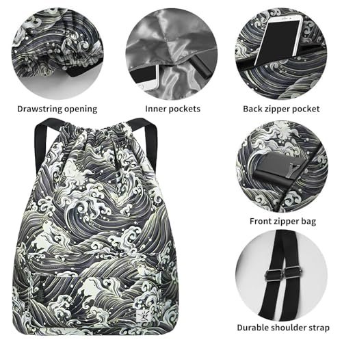 Waterproof Drawstring Bag, Gym Bag Sackpack Sports Beach Backpack for Men Women - color: 03-black Wave