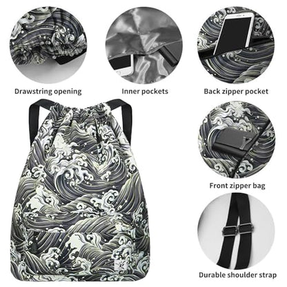 Waterproof Drawstring Bag, Gym Bag Sackpack Sports Beach Backpack for Men Women - color: 03-black Wave