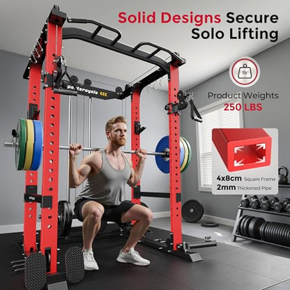SPORTSROYALS Power Rack, Multi-Functional Power Cage, Squat Rack with Pulley System & LAT Pull Down, Workout Cage with J Hooks for Home Gym - color: Ruby Red, style: Power Cage Only