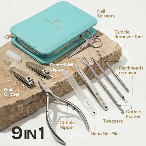 Beauty Power 9 in 1 Professional Manicure Pedicure Set - Stainless Steel Nail Clippers, Nano File, Cuticle Nipper, Scissors, Tweezers, Travel PU Leather Case for Men & Women - Gift Ready New (Blue) - color: Blue