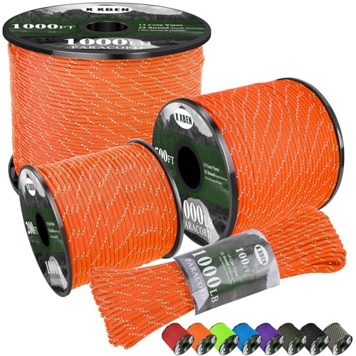 X XBEN Paracord Reflective 1000lb, 50/100/200/500/1000ft 4mm, 13 Strand Parachute Spool Cord, Heavy Duty Paracord Rope for Tent Camping, Fishing, Hiking, DIY Crafts & Survival Bracelet, Orange - color: Orange, size: 100ft