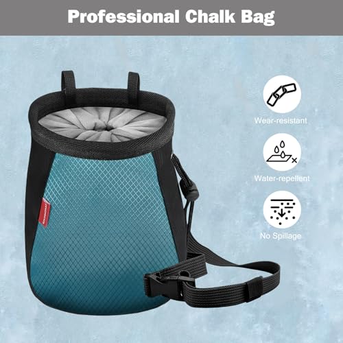 MoKo Climbing Chalk Bag with Chalk Brush, Waterproof Nylon Bouldering Chalk Bag Bucket with 2 Large Zippered Storage Pockets Drawstring Closure Adjustable Belt Chalk Bag for Climbing Gymnastics - color: Black+Light Blue, style: Cylindrical