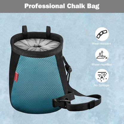 MoKo Climbing Chalk Bag with Chalk Brush, Waterproof Nylon Bouldering Chalk Bag Bucket with 2 Large Zippered Storage Pockets Drawstring Closure Adjustable Belt Chalk Bag for Climbing Gymnastics - color: Black+Light Blue, style: Cylindrical