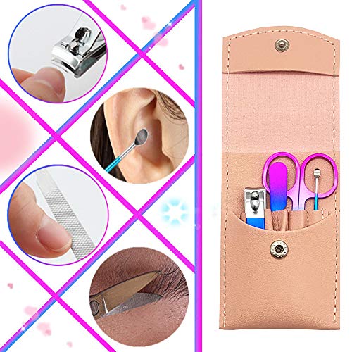 Manicure Set, Professional Women Nail Clippers Kit 4PCS, Stainless Steel Nail Cutter Care Tools Professional Grooming Kits, PU Leather Travel Case （Colorful） - color: Pink