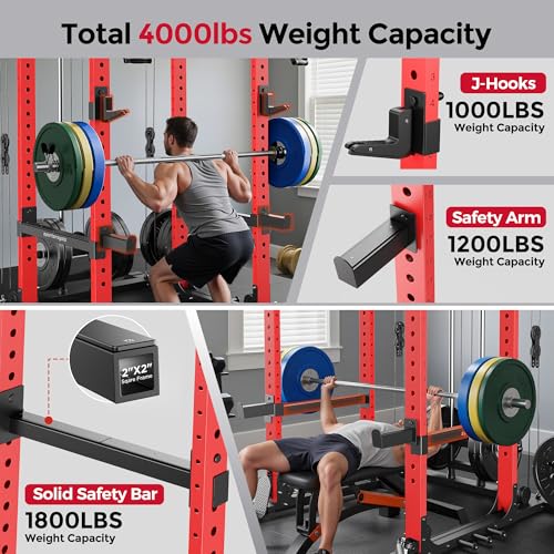 SPORTSROYALS Power Rack, Multi-Functional Power Cage, Squat Rack with Pulley System & LAT Pull Down, Workout Cage with J Hooks for Home Gym - color: Ruby Red, style: Power Cage Only