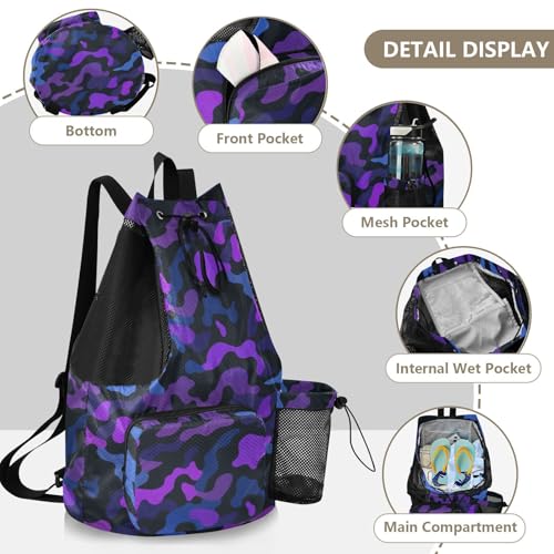 Drawstring Climbing Gym Bag With Water Bottle Pocket Drawstring Bags with Wet Dry Compartments Camouflage Purple Black Blue