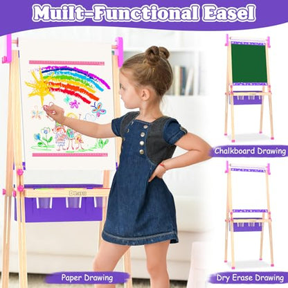 Wooden Art Easel for Kids,Double Sided Adjustable Magnetic Drawing Board | Kids Easel with Paper Roll,Whiteboard & Dry Erase Chalk Board,Toddler Easel for 4 -8 Year Old Boy Girl Birthday Gifts - color: Purple