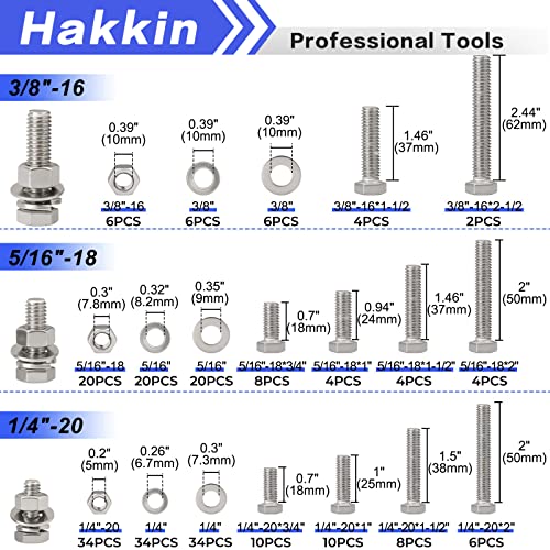 Hakkin 240Pcs Hex Bolts and Nuts Kit Stainless Steel Spring Washers Assortment Kit, 1/4" 5/16", 3/8" 10 SAE Sizes Machine Screws Set with Storage Case - size: 240PCS 1/4-20 5/16-18 3/8-16 Hex Bolts Silver
