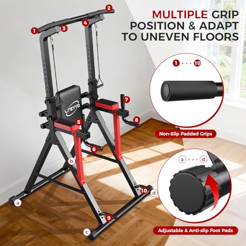 Power Tower Pull Up Bar Free Standing,Multi-Level Adjustable Height Dip Station, Multi-Grip Handles,Backrest,Home Gym Strength Training Equipment with Power Elastic Ropes,Capacity 400LBS