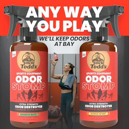 Uncle Todd’s Odor Stomp Sports Equipment Odor Eliminator Spray - Extra Strength Enzyme-Powered Deodorizer for Football, Hockey, Gym Bags, and Athletic Gear - Bamboo Blitz Scent - 16 oz