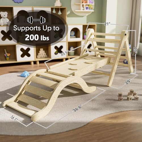 bbgroundgrm Pikler Triangle Set Climber 5 in 1, Toddler Climbing Toys Indoor Folding with Ramp & Arch for Montessori Play Gym for Toddlers and Kids (Natural)(99" Wx21 Dx23 H)