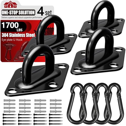 sprookber 304 Stainless Steel Pad Eye Snap Hooks, M10 Heavy Duty Ceiling Hook, 1700lb Capacity Hammock Swing Hanging kit, Plant Hangers, Marine Hardware Staple Hook Loop with Screws, Set of 8(Black) - size: 4 Inch, style: Black Rhombus