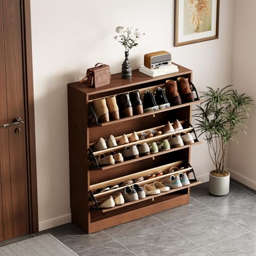 KungFuWood 31.4 W Soild Wood Shoe Storage Cabinet with 3 Flip Drawers for Entryway,Narrow Shoe Rack Cabinet with Adjustable Shelves,Morden Hidden Shoe Organizer - color: Walunt, size: 31.4" W x11"D x 45.5"H