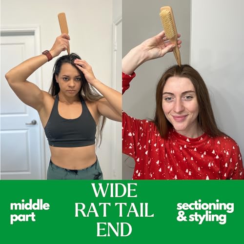 GranNaturals Soft Finishing Boar Bristle Slick Back Hair Brush for Smoothing & Polishing a Sleek Ponytail Bun w/ a Wide Wooden Rat Tail End for Parting & Sectioning - Teasing & Backcombing Hairbrush