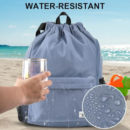 Drawstring Backpack with Mesh Pockets String Gym Bag Sackpack Sandproof Water Resistant Beach Backpack for Men Women - color: Slate Gray